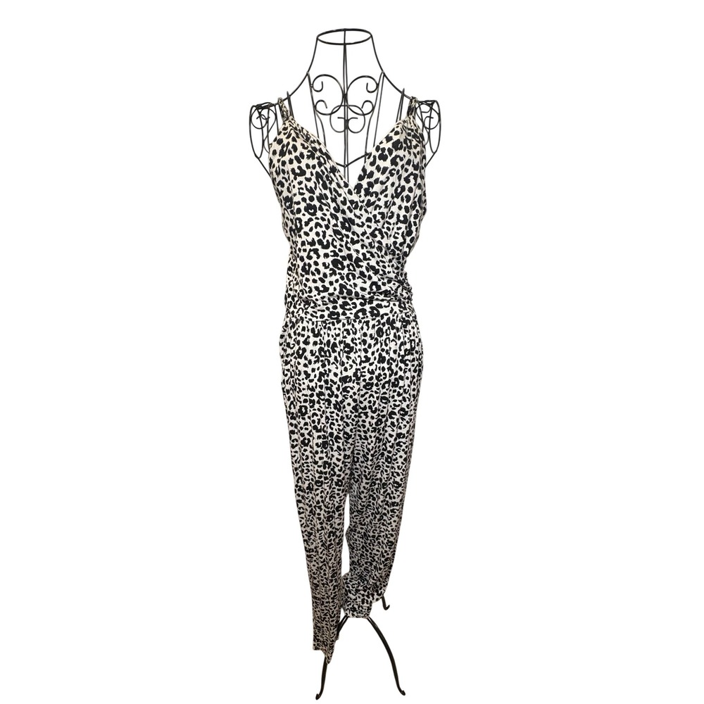 Gilli Womens Leopard Print Sleeveless Surplice Jumpsuit Black White Size L